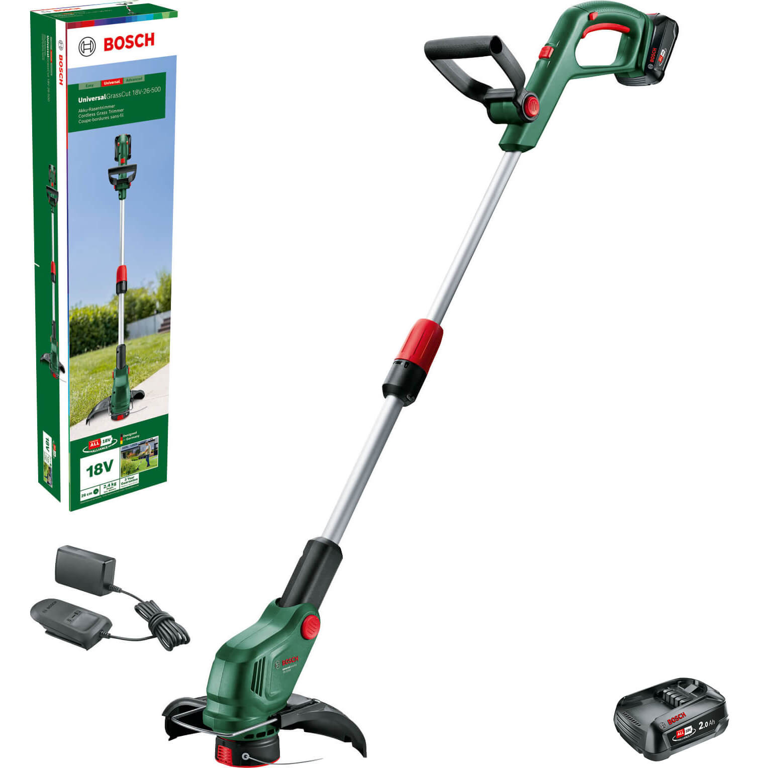 Bosch Universalgrasscut 18v26500 P4a 18v Cordless Grass Trimmer 260mm 2 X 2ah Liion Charger